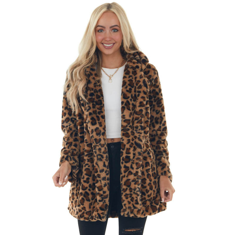 Faux fur fur jacket秋冬豹纹女装时尚仿皮草有口袋宽松毛毛外套