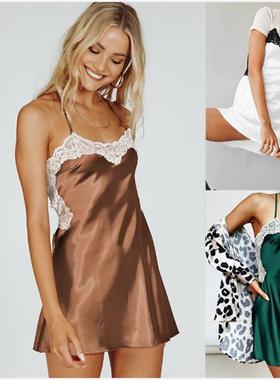 2022 solid color women sexy halter lace satin dress commute