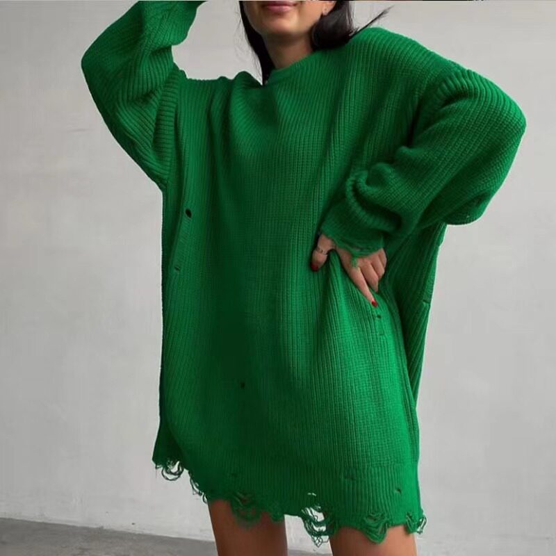 欧美风秋冬圆领不规则破洞毛衣针织连衣裙 sweater knitted dress