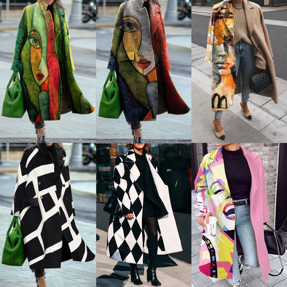 Printed woolen coat新款秋冬女装长袖翻领外套印花呢子长款大衣