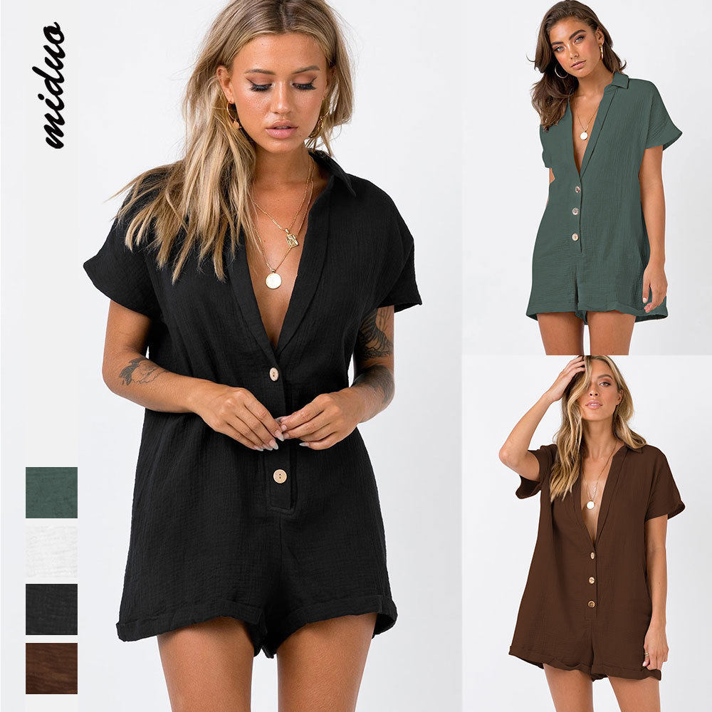 2022 plain v-neck button short sleeve casual jumpsuit street