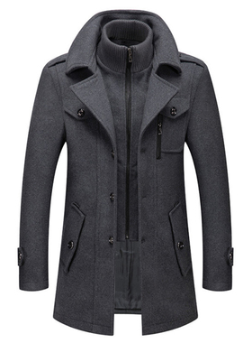 Men Woolen Overcoat Double Collar Casual Trench Coat Male