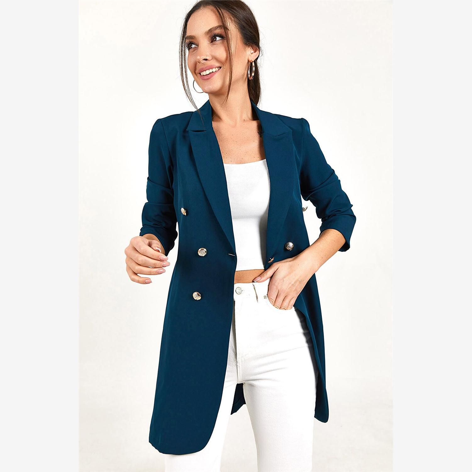 Slim Fit FashionSuit欧美女装新款纯色休闲双排扣中长款西装外套