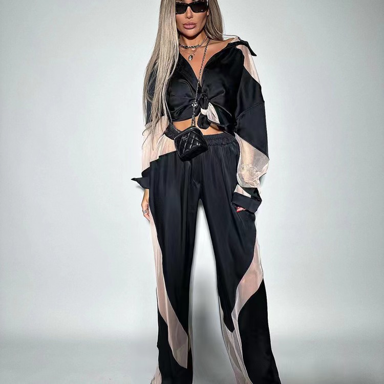 欧美拼接透视衬衫长裤套装 Spliced Perspective Shirt Pants Set