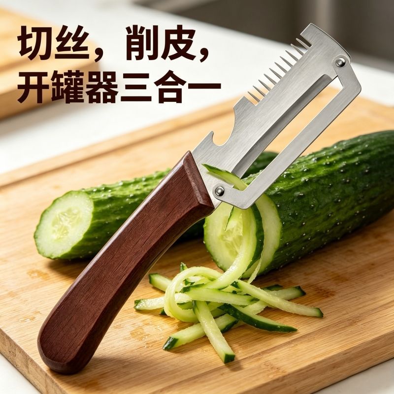 不锈钢仿木柄三合一切菜器开瓶