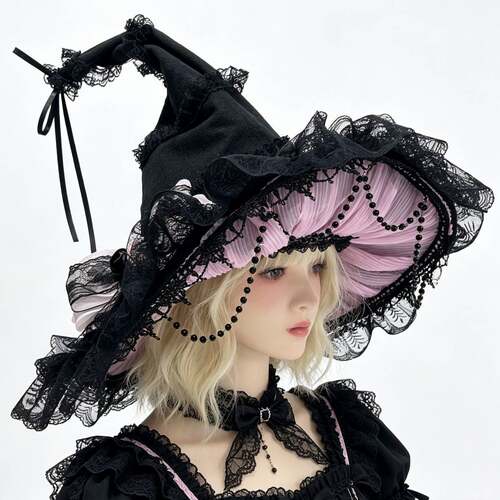 万圣节女巫帽lolita大帽檐魔女帽装扮cos大帽檐蝴蝶结巫婆帽配饰