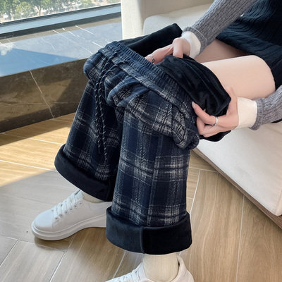 直筒休闲格子裤春秋冬季加绒加厚