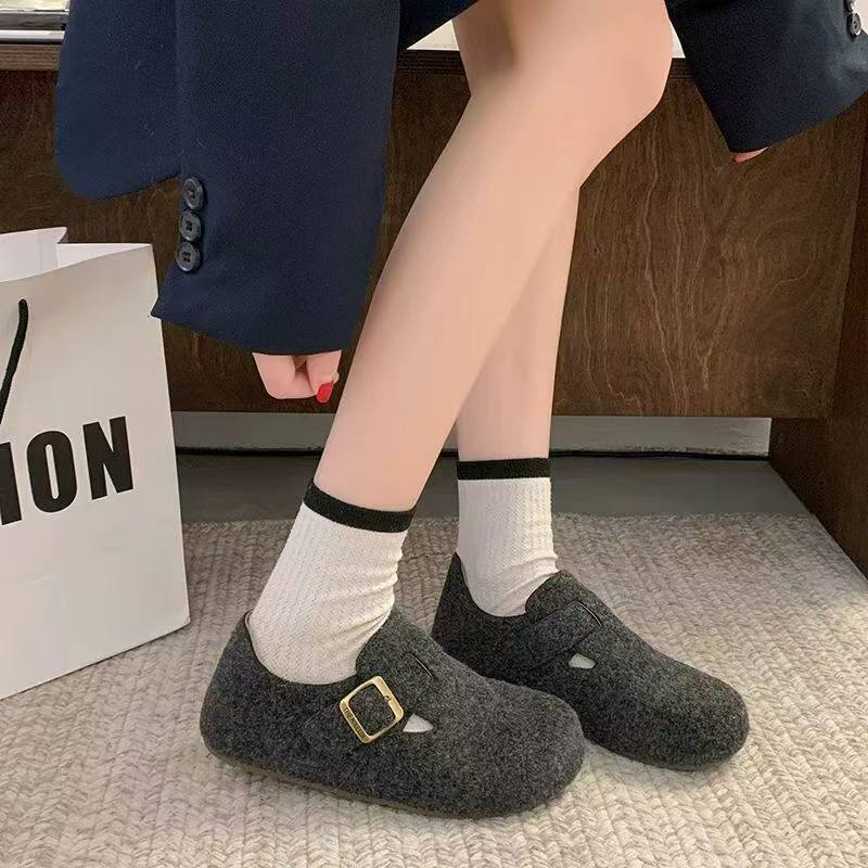 超好看厚底增高灰色单里呢子勃肯鞋女2026秋季新款豆豆鞋博肯单鞋