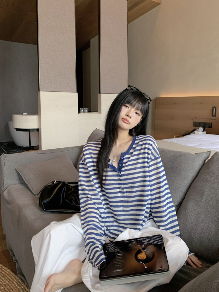 蓝白条纹宽松长袖T恤女夏季休闲慵懒防晒罩衫中长款小众百搭上衣