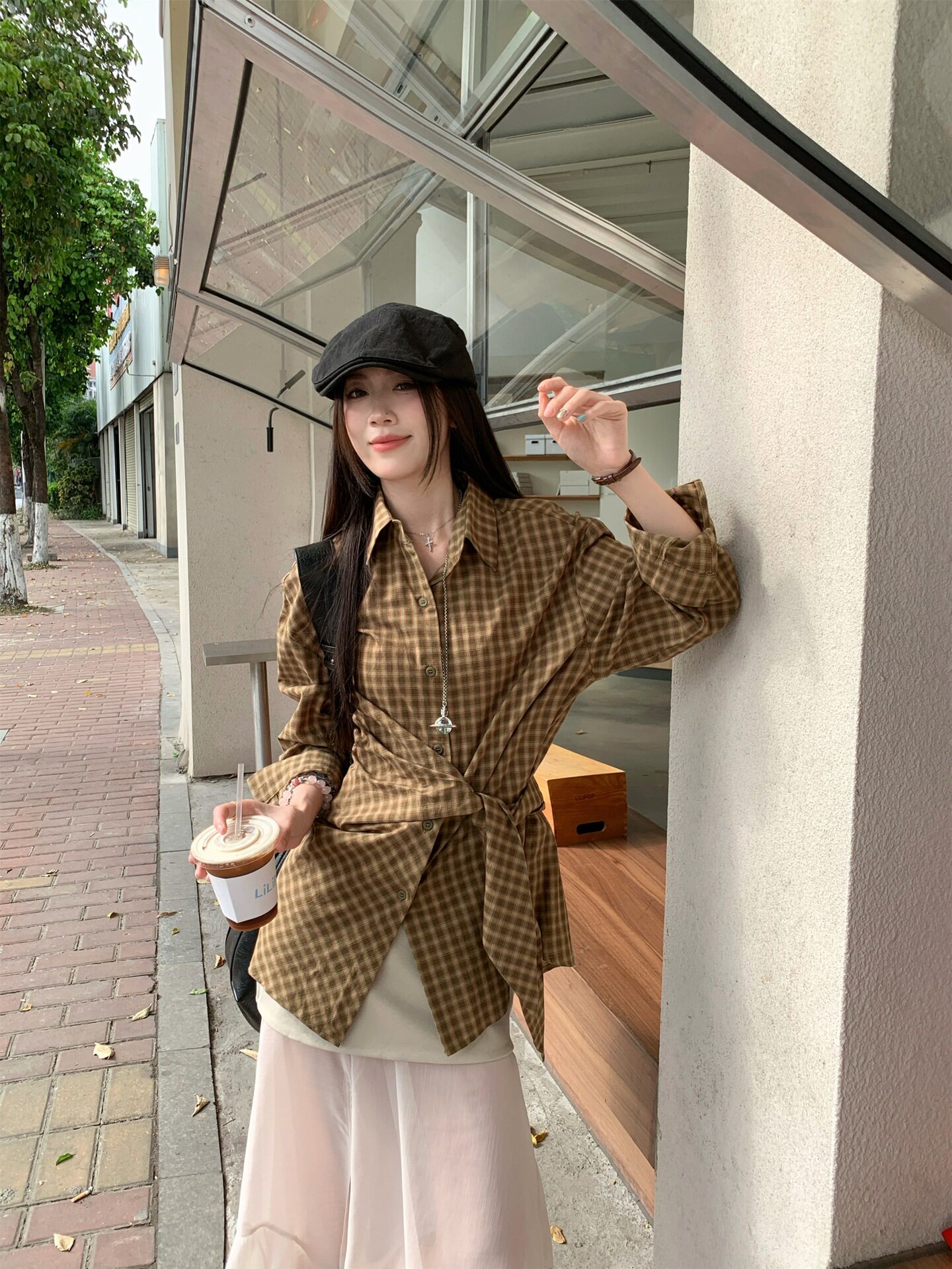 韩系格子长袖衬衫女2025夏季新款宽松中长款系带百搭防晒衬衣上衣