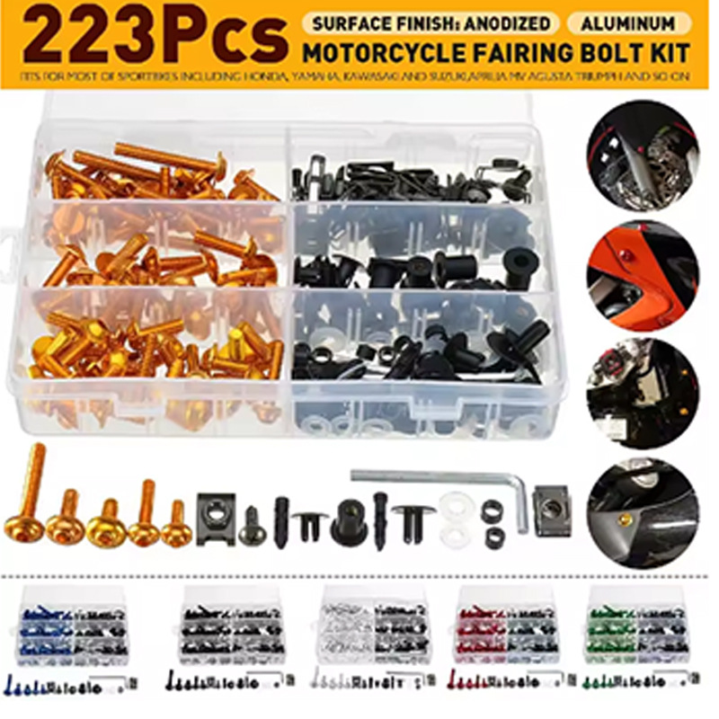 223pcs摩托车整流罩挡风镜车身改装螺栓 彩色整流罩螺母套装螺丝