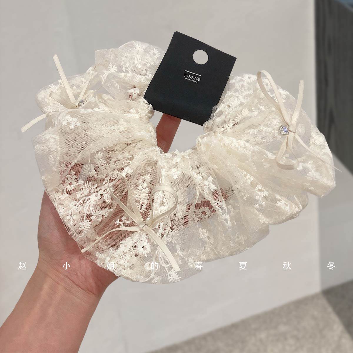 小众设计头花发饰头饰刺绣百搭甜美头圈米色蝴蝶结蕾丝大肠发圈