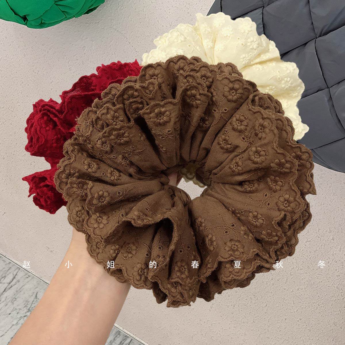 纯色多层蕾丝大肠发圈小众设计韩系千金发饰头饰一圈花苞套头头圈