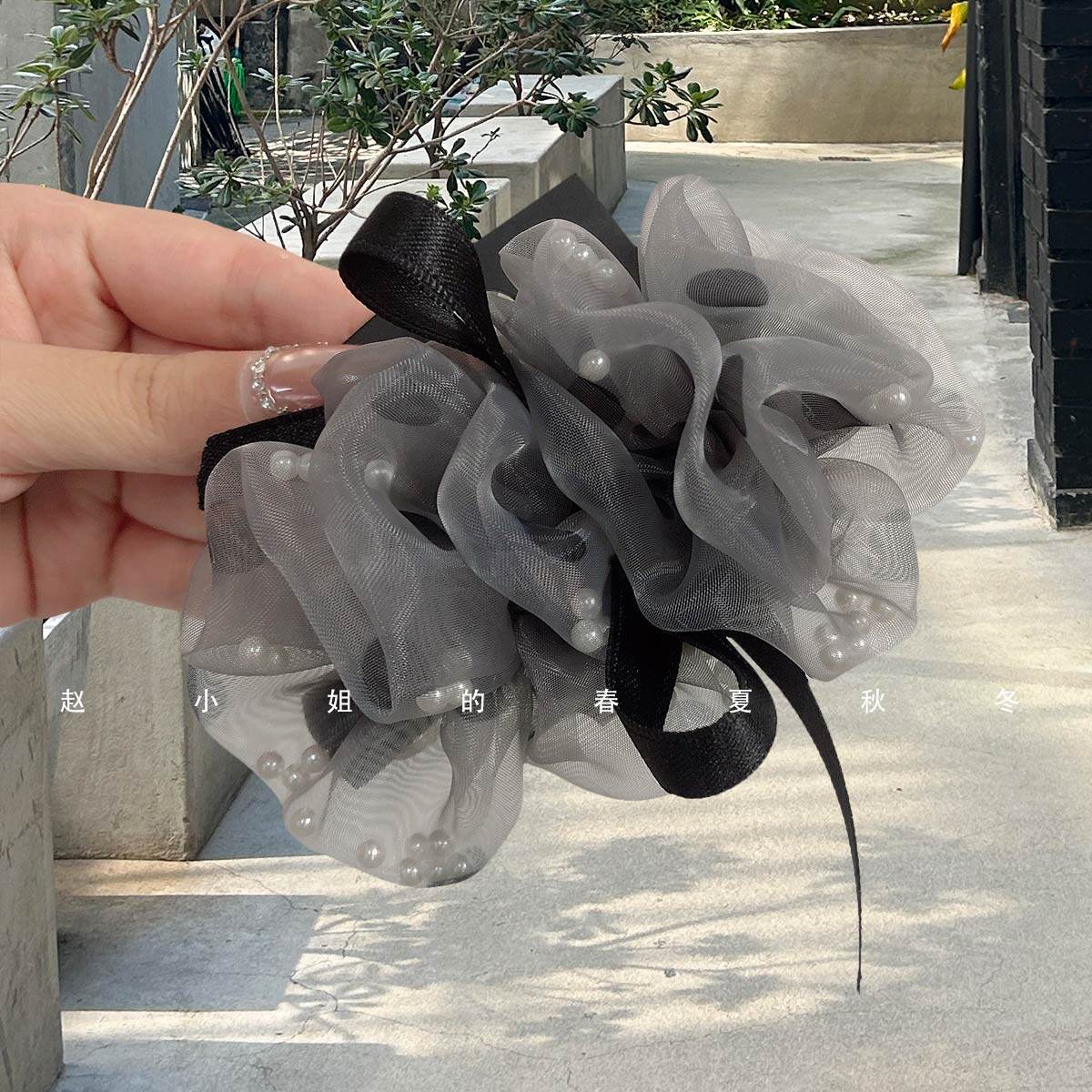 韩系仙气灰色网纱花朵弹簧夹珍珠黑丝带蝴蝶结点缀珍珠欧根纱顶夹