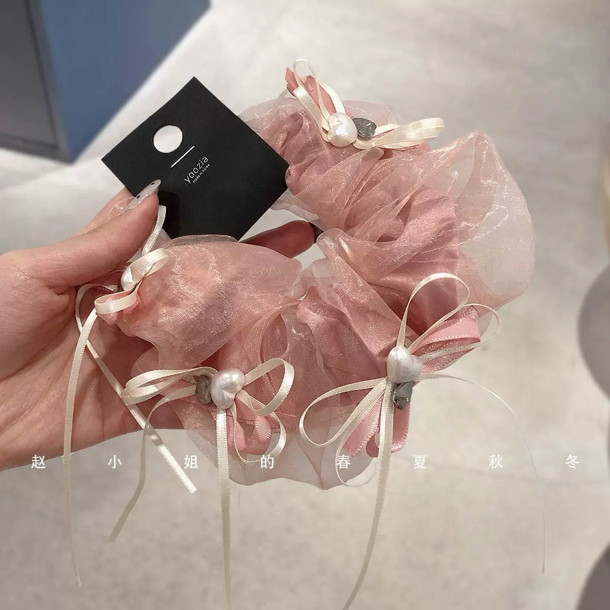 小众发饰头饰可爱甜美头圈网纱立体头花欧根纱粉色蝴蝶结大肠发圈