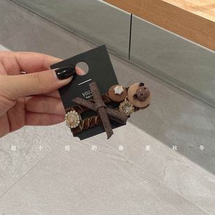 小众设计发饰头饰ins风刘海夹鸭嘴夹秋冬蝴蝶结咖色丝绒镶钻发夹