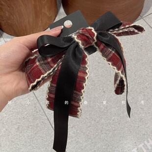 小众设计发饰头饰高级感气质顶夹ins风发夹红色格子蝴蝶结弹簧夹