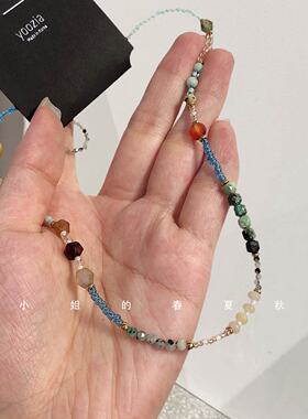 韩系手工天然石拼色项链女复古氛围感细链条小众百搭叠戴毛衣项链