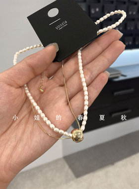 韩国饰品小众设计气质锁骨链高级金色颈链可爱甜美双层珍珠项链