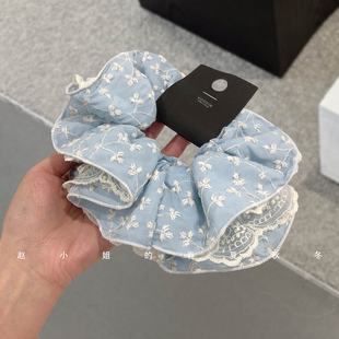 双层蕾丝头饰ins风百搭发饰清新饰品头圈大号蓝色碎花大肠发圈