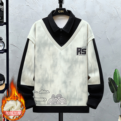 拼接撞色加绒卫衣男装秋冬新款