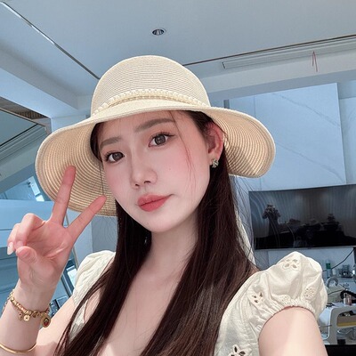夏季珍珠蝴蝶结赫本风优雅渔夫帽