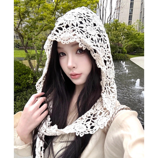 2025新款镂空钩花蕾丝多用披肩帽子女四季旅游度假氛围感拍照包头
