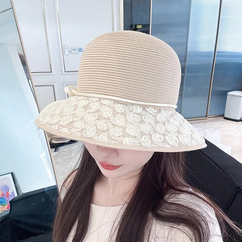 小花朵玫瑰草编渔夫帽子女