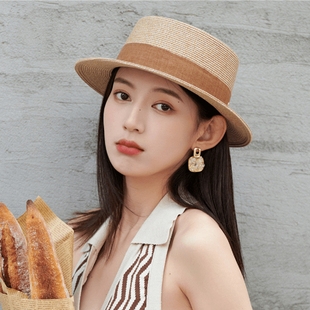 平顶草帽女大头围海边沙滩礼帽编织防晒太阳帽子夏季 2025新款 法式
