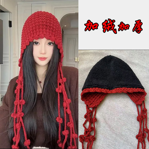 加绒加厚秋冬新款手工流苏毛线帽