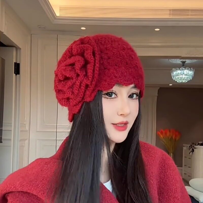 秋冬手工钩花百搭显脸小包头帽女