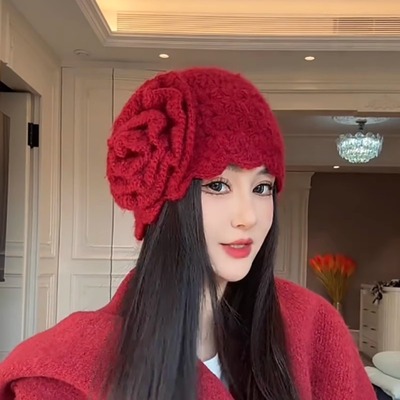 秋冬手工钩花百搭显脸小包头帽女