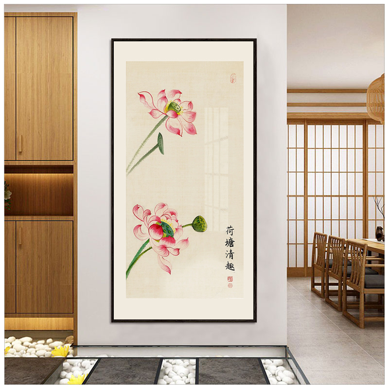 荷花挂画新中式客厅餐厅装饰画禅意中国古风现代水彩书房壁画图片