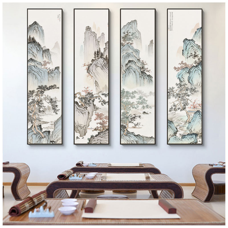 水墨画竖条屏四联古风壁画中式玄关山水装饰画客厅茶室背景墙挂画