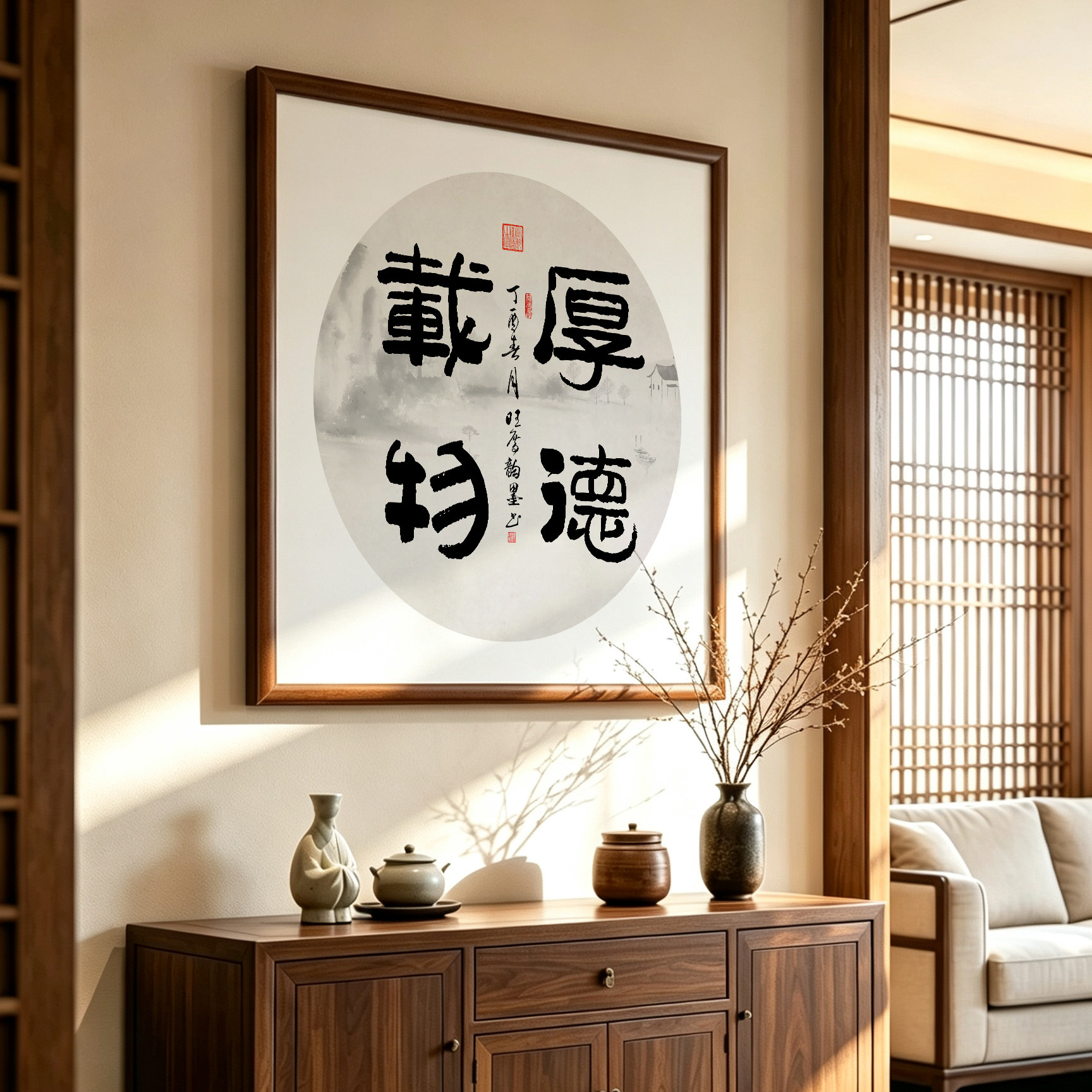 厚德载物书法手写字画办公室背景墙壁画客厅山水装饰画茶室挂画图片