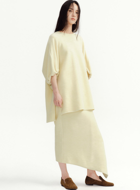 【博主同款】TOATEE 棉毛呢针织 泡泡袖上衣/不对称半裙 奶油黄
