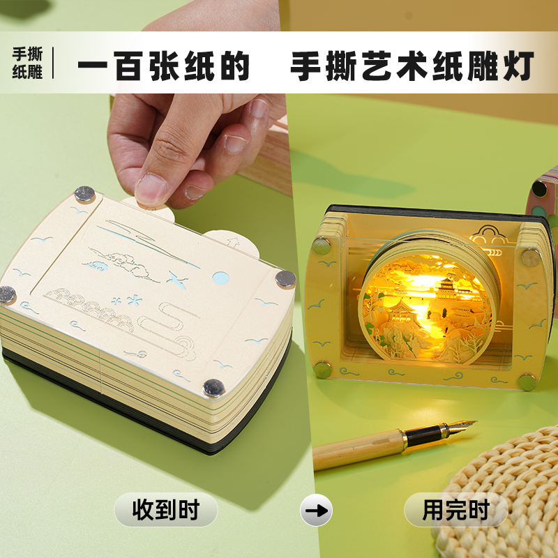 一百张纸的手撕光影纸雕小夜灯