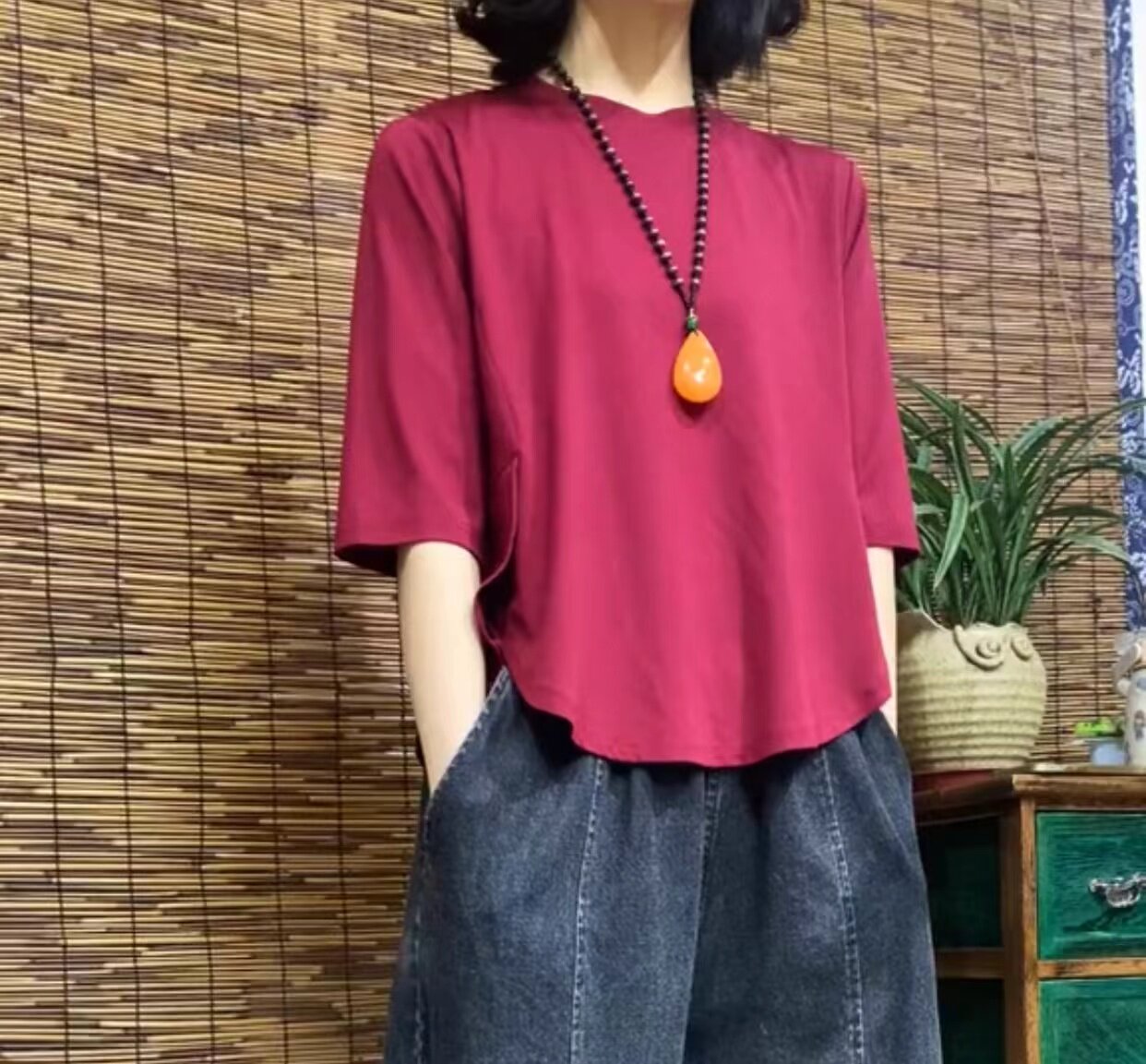 夏季新款圆领纯色百搭设计款遮肉显瘦简约女士休闲短袖上衣T恤