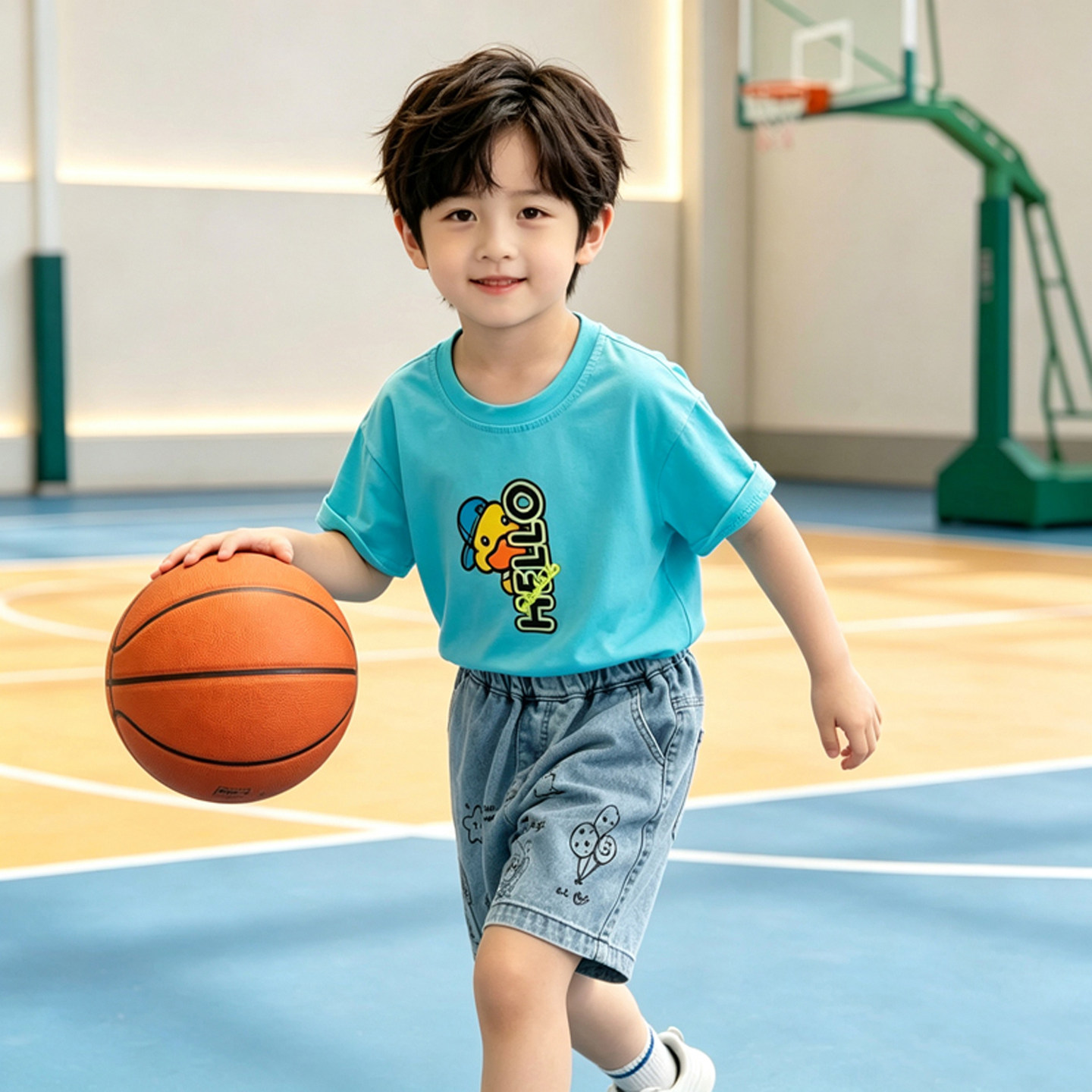 小黄鸭布咚2026夏季新款儿童短袖七分牛仔短裤套装小学生两件套潮