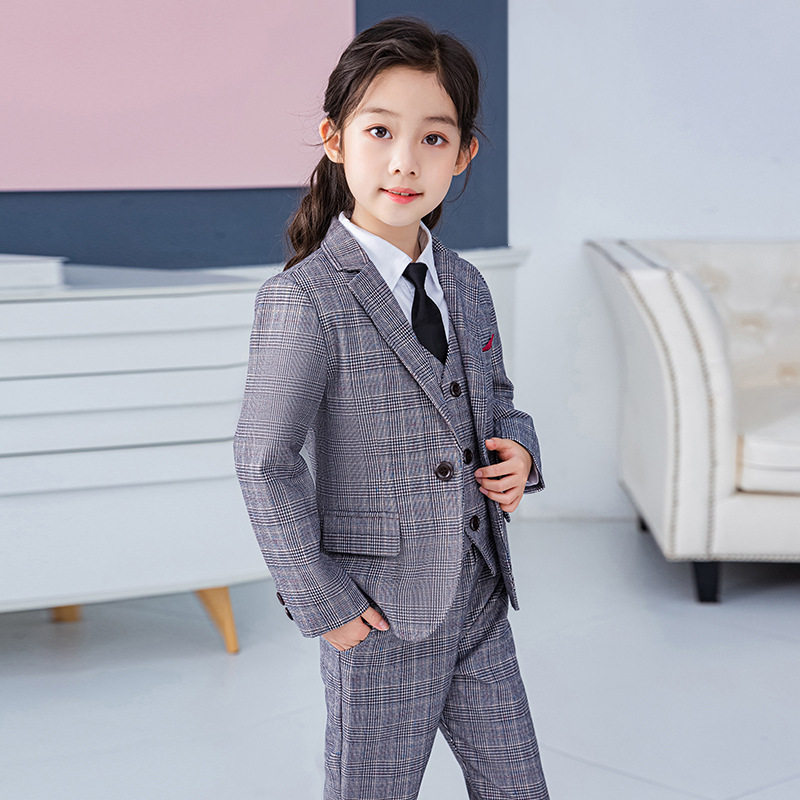 女孩格子小西装套装2023新款女童西服外套女生钢琴演出合唱表演服