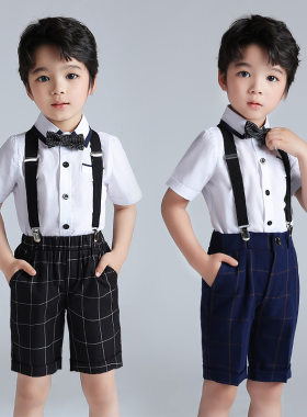 男童礼服夏季格子背带裤两件套