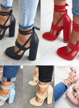 Women Ankle Strap Sandals Lace Up High Block Heels Shoes