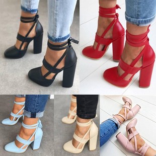 Women Ankle Strap Sandals Lace Up High Block Heels Shoes