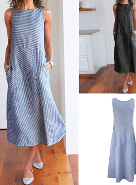 2020新款欧美速卖通女装wish亚马逊eBay条纹圆领无袖中长连衣裙夏