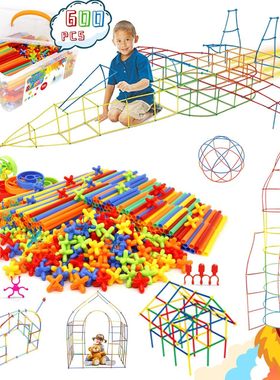 600pcs儿童DIY拼插玩具 彩色吸管建筑设计儿童益智科教拼装玩具