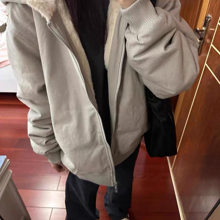 羊羔绒毛外套女2025秋冬新款学生宽松百搭加绒加厚连帽棉衣棉服女