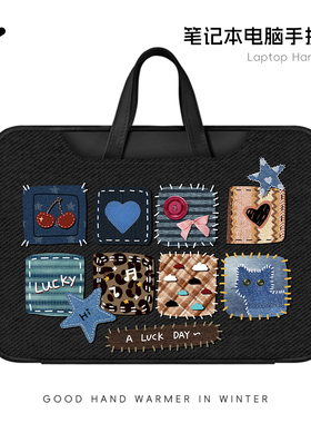 崇言黑色贴画拼接笔记本电脑包新款手提适用苹果macbook小新air华为matebook14寸保护套女联想pro16内胆包