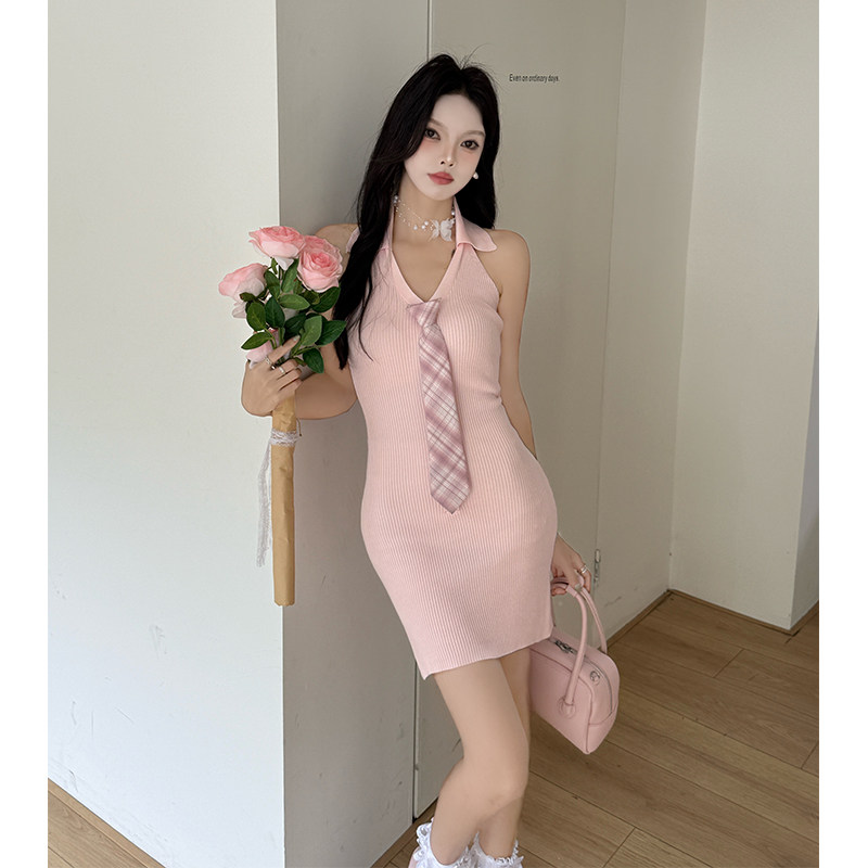 实拍韩版翻领领带连衣裙设计感V领修身针织包臀短裙小个子裙