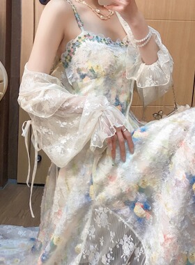 2026春款无袖水彩碎花吊带裙立体花肩带蕾丝开叉连衣裙套装