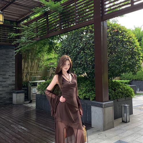 实拍复古性感V领网纱开叉收腰显瘦吊带连衣裙包臀长裙+防晒开衫女